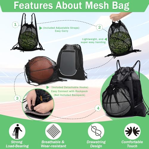 STAY GENT Drawstring Basketball Backpack for Boys, Foldable Soccer Backpack Gym Bag Sackpack Sports Sack with Detachable Ball Mesh Bag for Volleyball Baseball Yoga - color: Pitch Black