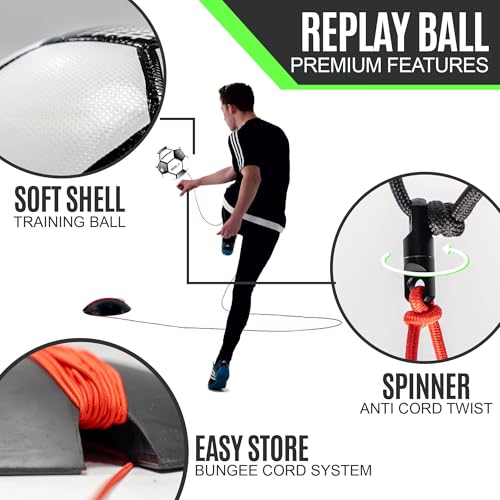QUICKPLAY Replay Soccer Training Ball | Adjustable Bungee Elastic Training Ball with Base Weight - size: Size 5 Soccer Ball (Adult)