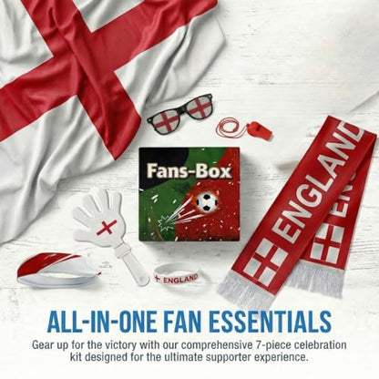 Soccer Fan Gear Set 2026-7 Piece Game Day Kit with Flag, Scarf, Glasses, Whistle, Clapper, Wristband & Headband in Gift Box - Watch Party & Stadium Essentials for England - color: England
