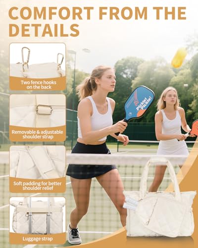 ESTARER Pickleball Tote Bag for Women with Shoe Compartment Large Pickleball Paddle Storage & Fence Hook - color: Off-white