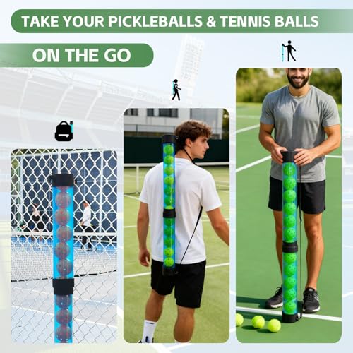 Tennis Ball & Pickleball Picker Holds 14 Balls, Ball Pickup Tube with Shoulder Strap, Lightweight Easy Pickup Portable Ball Holder, Pickleball & Tennis Ball Hopper - color: Light Blue