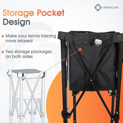 Tennis Ball Hopper with Wheels, 150 Tennis Balls Capacity Tennis Ball Basket with Side Pockets and Carrying Bag, Lightweight Sports Teaching Cart, Suitable for Softball, Pickleball & Baseball (Pop-up)