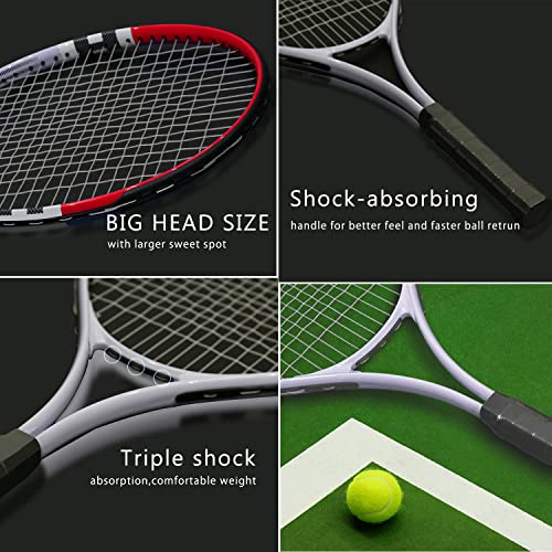 Tennis Racket Pre-Strung Lightweight 27 Inch Racquet Recreational Adult Rackets for Men Women Students Training Tennis Starter Kit with Balls,Carry Bag and Overgrips - color: Red/White - 2 Rackets