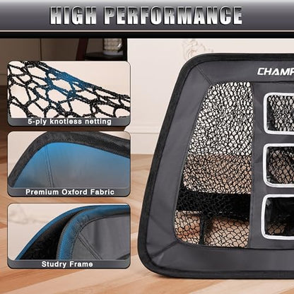 CHAMPKEY Double Sided Golf Chipping Net Come with Tri-Turf Hitting Mat and 12 Foam Golf Balls - 5 Ply-Knotless Netting Golf Targets System Ideal for Short and Long Distance Training (Standard Version)