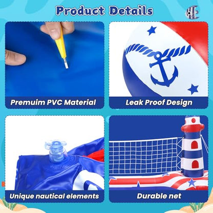 EagleStone Inflatable Pool Float Set with Volleyball Net & Basketball Hoop,2-in-1 Floating Water Games for Kids Adults, Backyard Beach Summer Toys, Heavy-Duty PVC Family Pool Party Essentials - color: Red