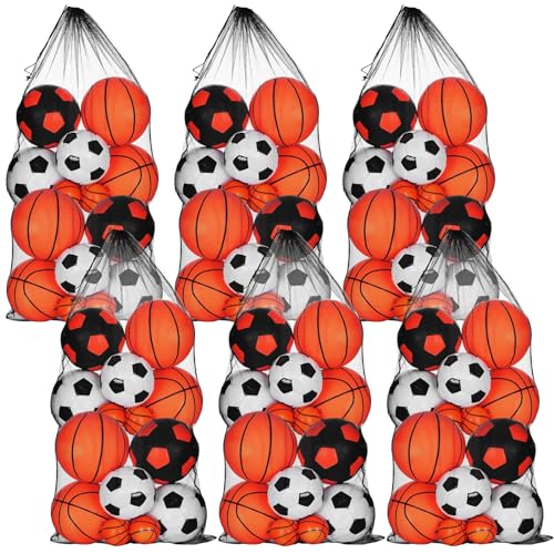 6 Pcs large Mesh Bag 24 x 48 inch Ball Mesh Drawstring Storage Sports Equipment Bag for Balls Beach - color: Black