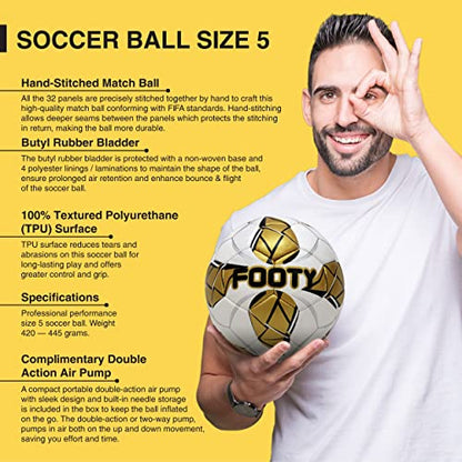 Footy - Size 5 Leather Soccer Ball with Pump - Professional Youth Training Ball - color: Golden