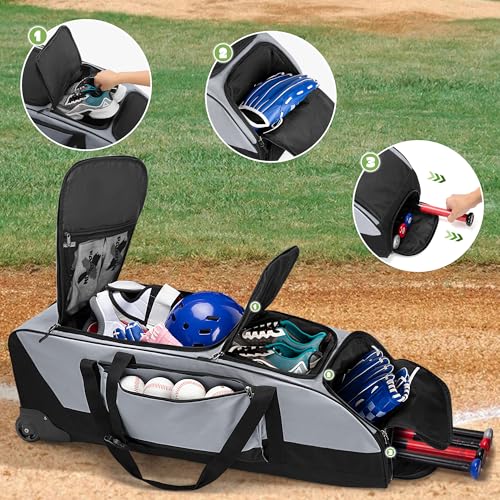 GOBUROS Rolling Baseball Softball Bag with Wheels for 4 Bats, Baseball Duffle Bag with Separate Shoe Space and Multiple Pockets for Softball Equipment, Gray