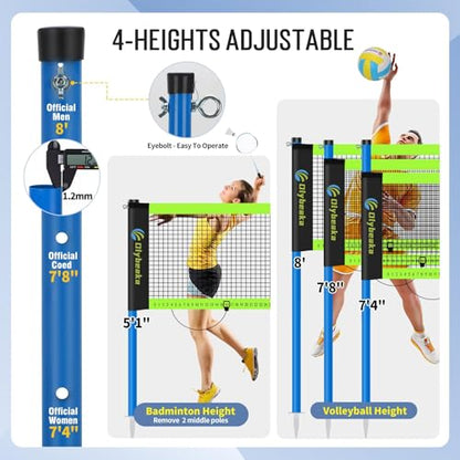 Portable Volleyball & Badminton Combo Net Set for Backyard Beach with 2 Nets (20ft and 32ft), Adjustable Poles, PU Volleyball, Aluminum Rackets and Carry Bag, Quick Setup & Durable
