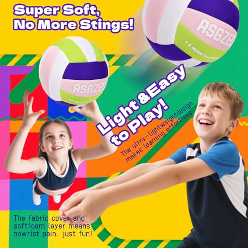 Soft Volleyball for Indoor Practice-Super Soft & Silent Fabric Indoor Volleyball Lightweight for Kids Youth Beginners, Perfect for House Yard Training Practice Games(Deflated,with Pump)
