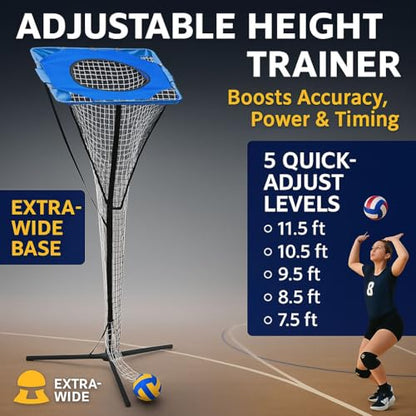 Volleyball Setter Trainer Net – Adjustable Height & Angle Training Equipment with Resistance Bands | Pro Blue Edition for Coaches, Teams & Setters