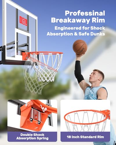 IGL In Ground Basketball Hoops Outdoor, 52-60 Inch Inground Basketball Hoop, 10ft Height Adjustable In Ground Basketball Goal with Shatterproof Backboard & 18 Inch Pro-Style Breakaway Rim