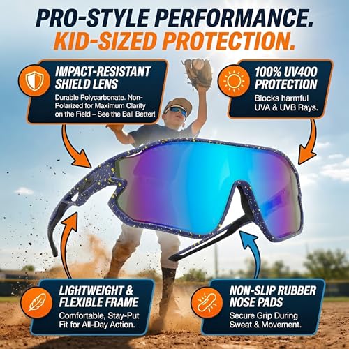 Kids Baseball Sunglasses - Youth Baseball Sunglasses for Boys Girls - Sports Softball Shades Age 6-14 - color: B3 Blue / Green Mirror