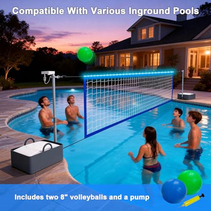Pool Volleyball Net Set with LED Lights, Larger Solar Panel - High Brightness Volleyball Net for Inground Pools, Adjustable 15-32ft Length Outdoor Water Volleyball Games Toy for Backyard Party