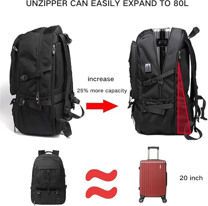 DUSLANG Travel laptop backpack, Extra Large 60L Traveling College Backpack,Large Capacity Backpack for Men Women,Fits 17 Inch Computer, USB Charging Port, Black