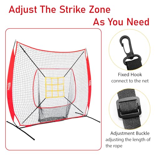 7x7 Ft Baseball and Softball Training Net with Batting Tee, Strike Zone Target, Portable Hitting and Pitching Practice Set - color: Red