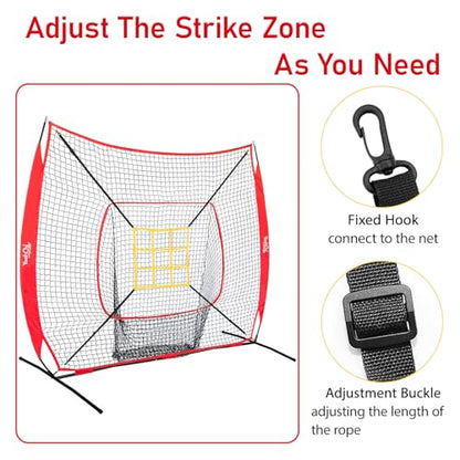 7x7 Ft Baseball and Softball Training Net with Batting Tee, Strike Zone Target, Portable Hitting and Pitching Practice Set - color: Red
