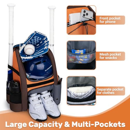 KAVIGOR Youth Baseball Bag, Softball Bag for Girls & Boys, Kids Tball Backpack with Shoes Compartment - color: Orange