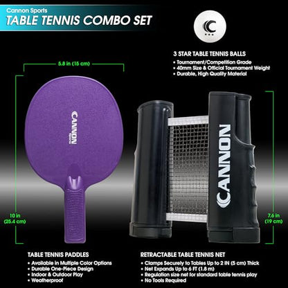 Cannon Sports Table Tennis Set – 2 Unbreakable Paddles, 6 3-Star Balls, Retractable Net & Carry Bag – Clamp-On Portable Ping Pong Net Fits Tables up to 2 Inch Thick, Extends to 6 Feet - color: Purple