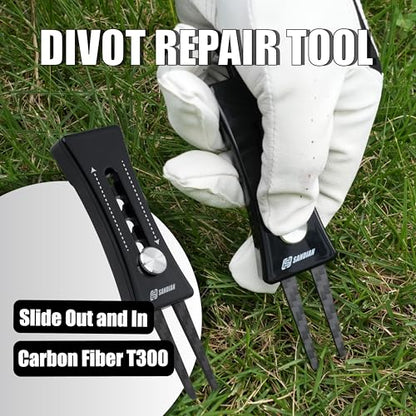 SANDIAN, All-in-1 Value Pak, Adjustable Golf Tee Height Setter with Divot Tool, Genuine Carbon Fiber Made Pitchfork, Super Lightweight, T800 Ball Marker, Hat Clip, Tees, Leather Holster, Zipper Case