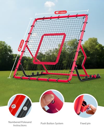 Baseball Rebounder Net,4x4.5FT Multi-Sport Pitch Back Rebounder Steel Frame with 4 Adjustable Angles, 40pcs Bungees Soccer, Volleyball&Lacrosse Trainer for Solo Fielding - color: Red