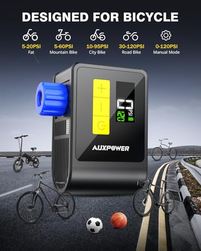 BL03 Bicycle Pump with Pressure Gauge, 120PSI Electric Bike Pump with Presta and Schrader Valve, Auto Stop, Outdoor Camping Cycling Pump for Road, Mountain, E-Bike and Sports Balls