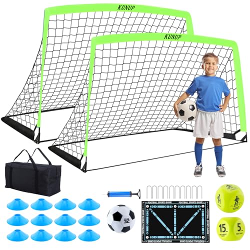 2 Set Kids Soccer Goals for Backyard with Training Equipment, Portable Foldable Practice Nets with Ball, Dice & Mat, Cones, Air Pump and Carry Bag for Toddler Youth Outdoor Sports Game - color: Optic Green