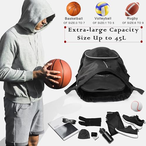 Basketball Backpack, 45 L Drawstring Sports Bag with Large Shoe Compartment and Wet Pockets for Women Men Gym Bag - color: Black-45L
