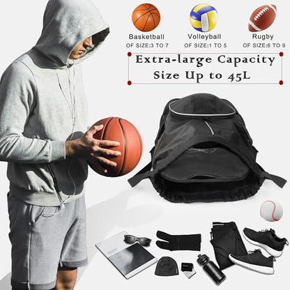 Basketball Backpack, 45 L Drawstring Sports Bag with Large Shoe Compartment and Wet Pockets for Women Men Gym Bag - color: Black-45L