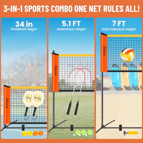 3-in-1 Adjustable Height Volleyball Badminton Pickleball Net Set - Portable Badminton Net Set for Backyards with Badminton Racket & Shuttlecocks, Volleyball Set with ball & Pump, Pickleball & CarryBag