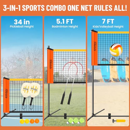 3-in-1 Adjustable Height Volleyball Badminton Pickleball Net Set - Portable Badminton Net Set for Backyards with Badminton Racket & Shuttlecocks, Volleyball Set with ball & Pump, Pickleball & CarryBag