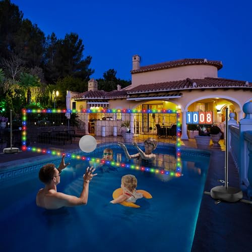 Pool Volleyball Net with 24/7 LED Lights – Adjustable Max Width 32FT Height 7.5FT, Ideal for Inground Pools, Backyard Party, Adults & Kids, Scoreboard Included