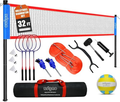Zdgao Volleyball and Badminton Combo Set for Backyard - 20FT/32FT Volleyball/Badminton Net with Adjustable Height Pole,Anti-Sag System,Volley Ball, Badminton Racquets,Boundary Line and Carry Bag - color: Red & Blue, style: 32FT Volleyball/Badminton Net