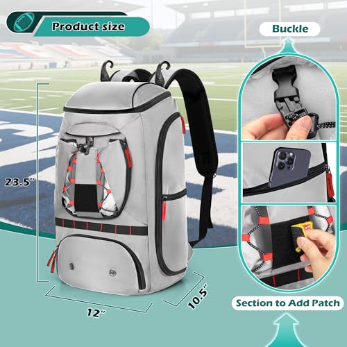 Smasrob Football Bag for Equipment with External Ball Holder, Insulated Pocket and Fence Hooks, Football Backpack for Youth and Adult - color: Grey