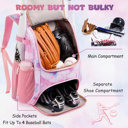 Youth Baseball Bag Backpack with Bat Holder for Boys Girls Baseball & Softball Bat Bag for T-Ball Equipment, Kids Baseball Backpack with Shoe Compartment & Glove Storage - color: Pink