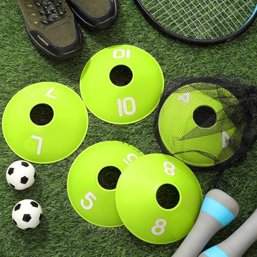 10 Pcs Numbered Sports Disc Cones 1-10 Soccer Cones with Mesh Carry Bag Flexible Agility Cones Soft Field Cones for Gym PE Classes School Activities Games, Sports Training Equipment - color: Green