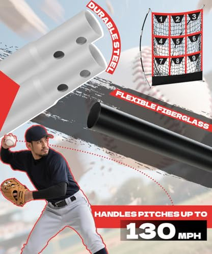 Queension 9 Hole Pitching Target Net with Strike Zone, Baseball Batting Net with Target Pockets, Pitching Net with Ground Stakes and Sandbags for Baseball Training - color: White