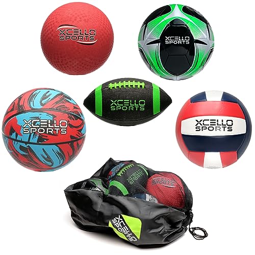 Xcello Sports Multi-Sport 5-Ball Set - Football, Official B7 Basketball, Size 5 Soccer Ball, Volleyball, and Kickball with Ball Pump and Carry Bag (Colorful)