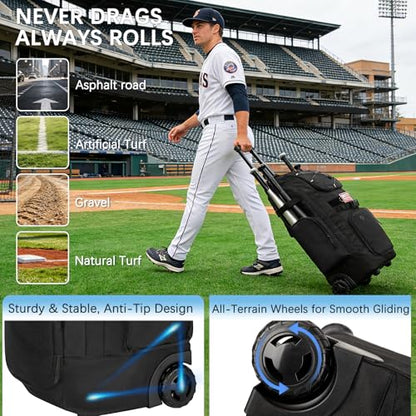 Rolling Baseball Bag with Wheels, 60L Capacity Wheeled Softball bag with Shoe Compartment for Youth & Adult, Bat bag with Hidden Straps,Fence Hook,Holds 4 Bat, Helmet, Glove - color: Black