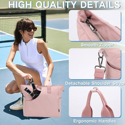 VASCHY Pickleball Tote Bags For Women With Fence Hook, Quilted Puffer Pickleball Paddle Holder Case Gym/Sports Tote - color: Pink