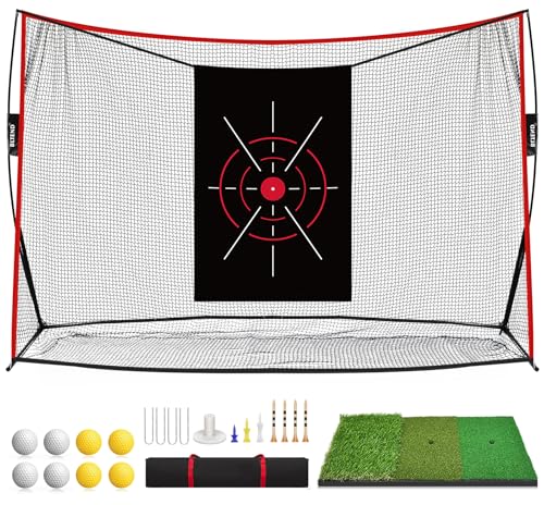 Golf Pracitce Net Set: 10x7ft Heavy Duty Golf Nets for Backyard Driving Real Balls, Golfer Training Equipment with Tri-Turf Mat for Outdoors/Indoors Hitting Driving Swing Chipping, Ideal Golfer Gift