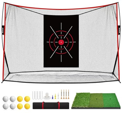 Golf Pracitce Net Set: 10x7ft Heavy Duty Golf Nets for Backyard Driving Real Balls, Golfer Training Equipment with Tri-Turf Mat for Outdoors/Indoors Hitting Driving Swing Chipping, Ideal Golfer Gift