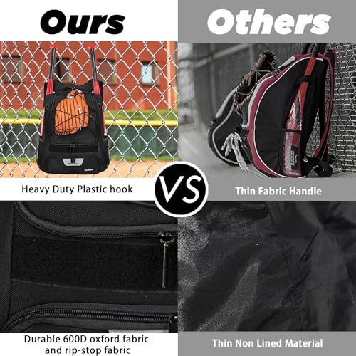Goloni | Baseball Backpack,Baseball Bag for Adult,Softball Bat Bag with Shoes Compartment,Large Main Compartment for Helmet & accessories, Fence Hook - color: black
