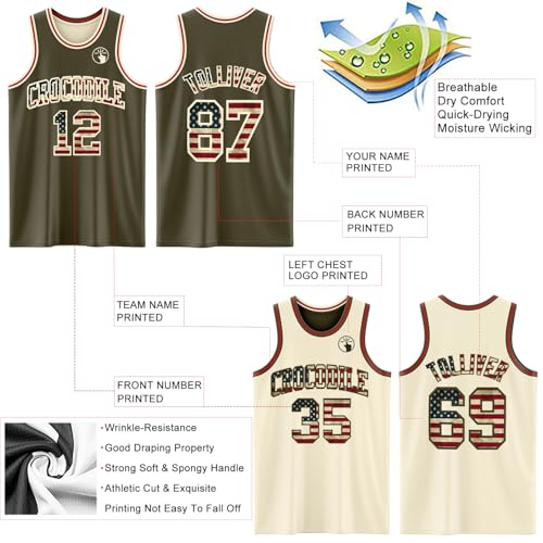 Custom Reversible Basketball Jerseys Men Youth, Personalized Sports Shirts Team Uniforms Printed Name Logo Number - color: Flag Style - White and Olive Green