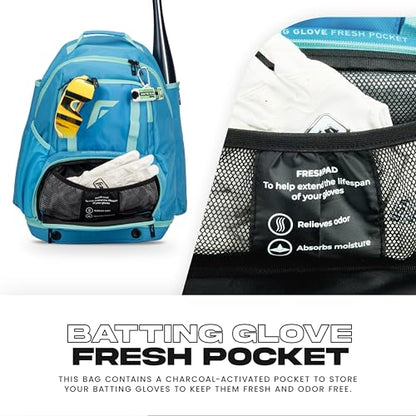 Franklin Sports USA SB Gameday Fastpitch-Softball Backpack – Adult +Youth Softball + Baseball Equipment + Bat Bag – Stores Batting Gloves, Helmet, Cleats - Waterproof Premium Batpack - color: Blue/Mint