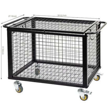 Metal Basketball Rolling Cart Sports Equipment Storage Wheel Basket Matte Black Athletic Lockable Cage with Raised Handle Gym Home Garage School Court Field Football Soccer Ball Volleyball Bat