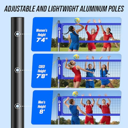 Professional Heavy Duty Volleyball Net Set for Backyard & Beach, Outdoor Net System with Steel Anti-Sag Winch, 32FT Reinforced Net, Height Adjustable Rust-Resistant Aluminum Poles, Portable Carry Bag