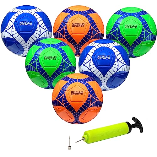 Xcello Sports Soccer Ball Size 4 Assorted Graphics (Orange, Green, Navy) with Pump (Pack of 6)