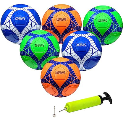 Xcello Sports Soccer Ball Size 4 Assorted Graphics (Orange, Green, Navy) with Pump (Pack of 6)