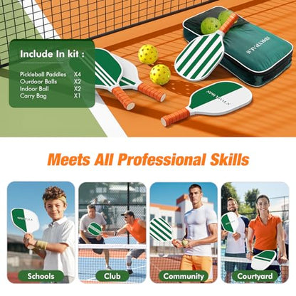 Pickleball Paddles Set of 4, USAPA Approved Pickleball Set of 4 with 4 Pickleball Balls & 1 Carry Bag Premium Wooden Cute Pickle Ball Paddles Grip Gifts for Women Youth Men - color: Green/White